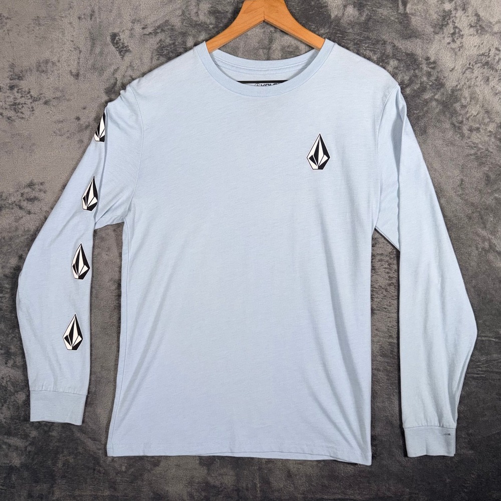 Volcom‎ Mens Long Sleeve T Shirt Size M Light Blue Graphic Logo Sleeve Print